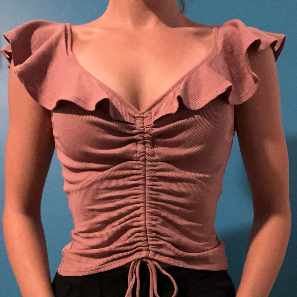 Vestique Pink Flutter Sleeve Ruched Blouse